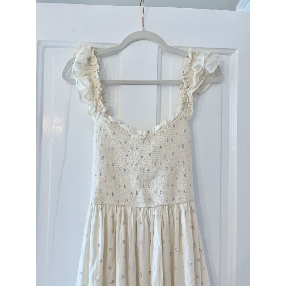 American Eagle Midi Long Dress Ivory Ruffle Smocked Floral Tiered Cottage SMALL - Picture 4 of 14